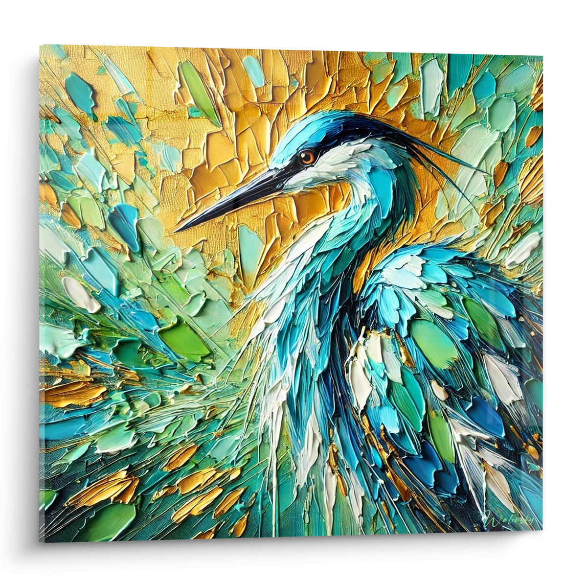Héron bleu turquoise et doré, plumage texturé, bec fin, œil ambré perçant en gros plan