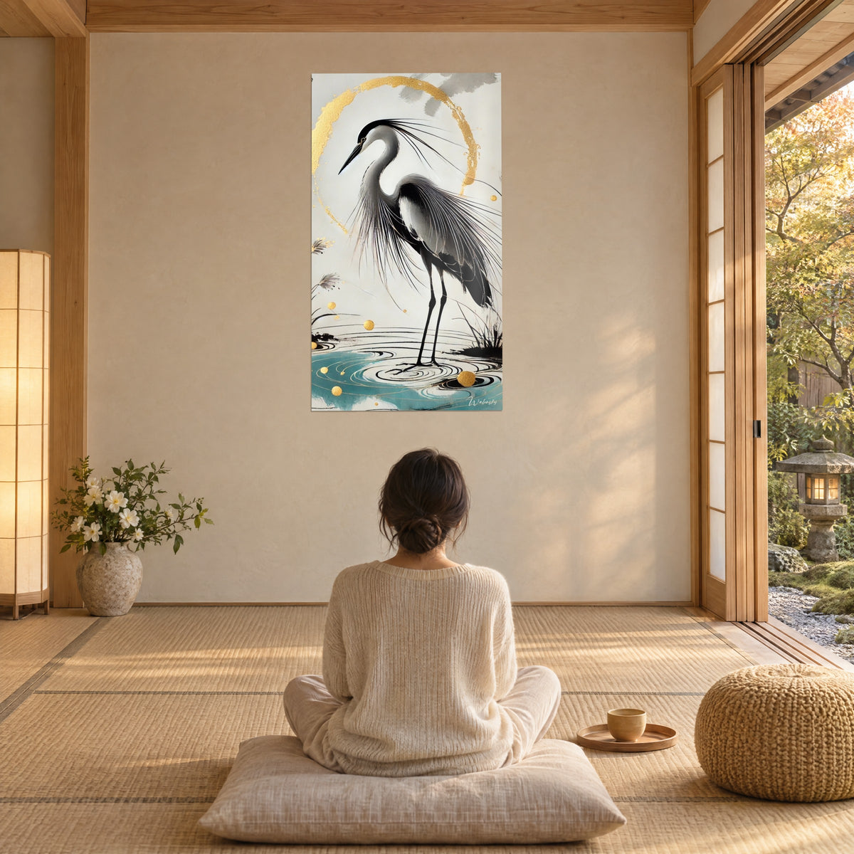 Tableau héron élancé aux plumes effilées, crème, noir et or, face à une femme de dos assise sur un coussin, près d'un jardin japonais