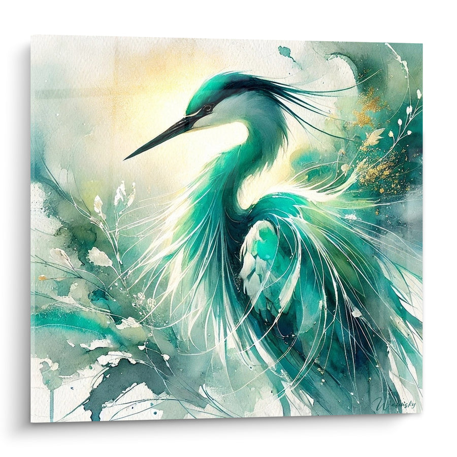 Tableau Héron turquoise et blanc aux plumes fines - Souffle aquatique - Edition Héron