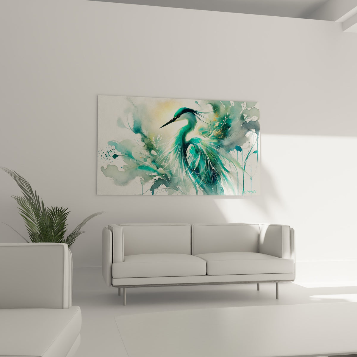 Silhouette de héron émeraude et blanc, au-dessus d'un canapé dans un salon lumineux