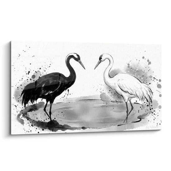 Zwart-wit aquarel schilderij 'Twee Reigers in Dualiteit' - Balans van Tegendelen - Yin Yang Editie