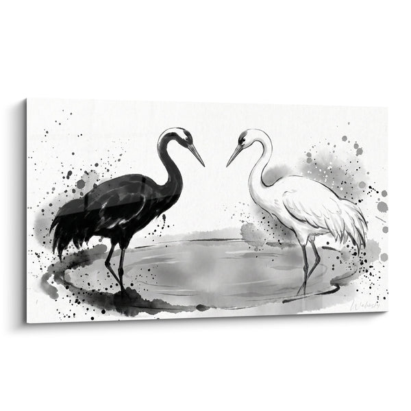 Cuadro Dos Grullas en Dualidad Blanco y Negro Acuarela - Equilibrio de los Opuestos - Edición Yin Yang
