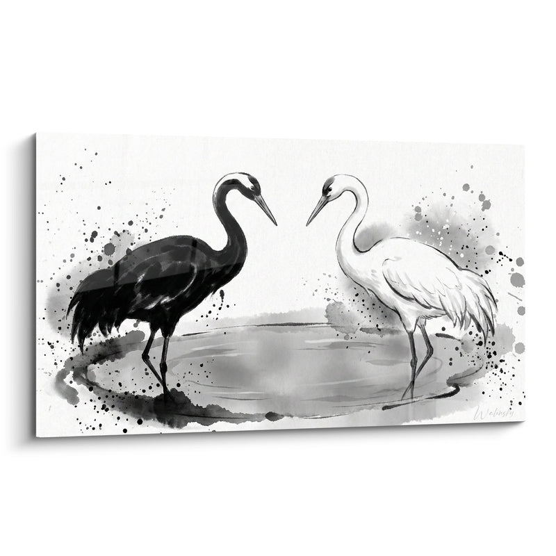 Tableau Deux Hérons en Dualité Noir et Blanc Aquarelle - Équilibre des Opposés - Edition Yin Yang