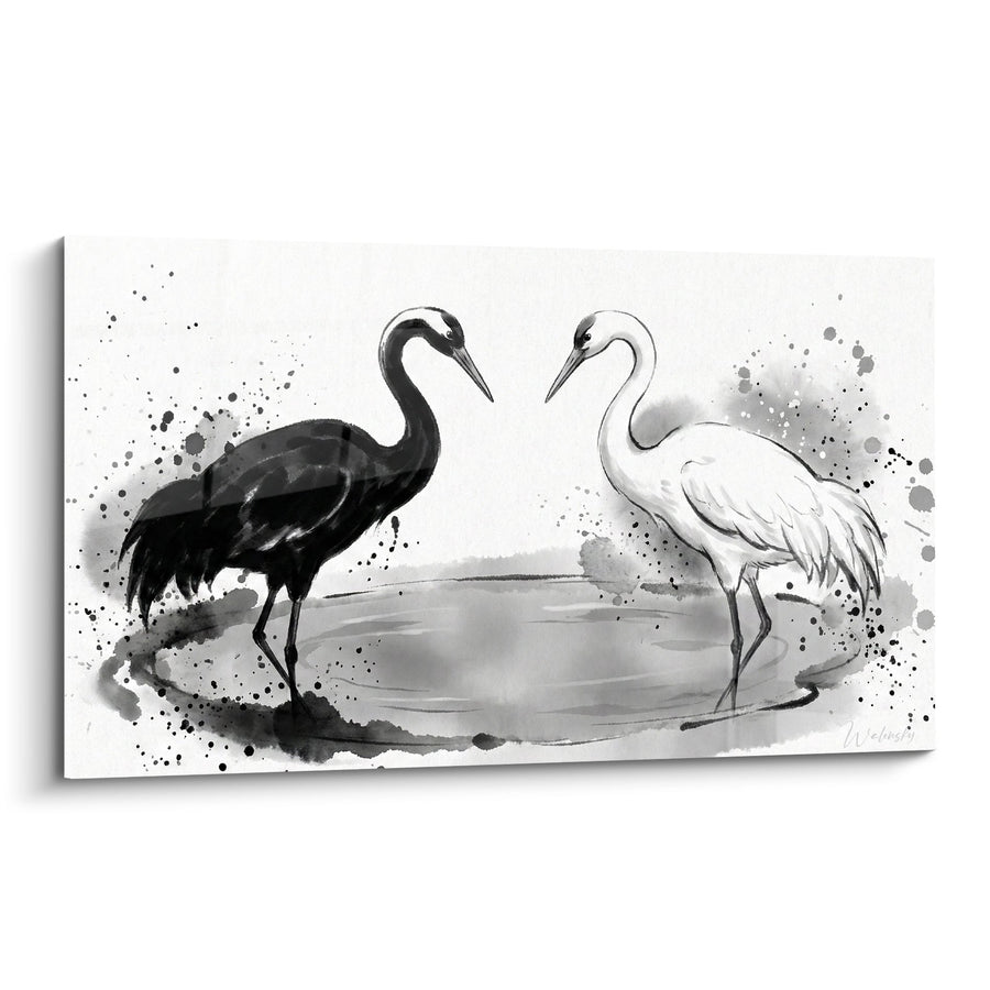 Tableau Deux Hérons en Dualité Noir et Blanc Aquarelle - Équilibre des Opposés - Edition Yin Yang