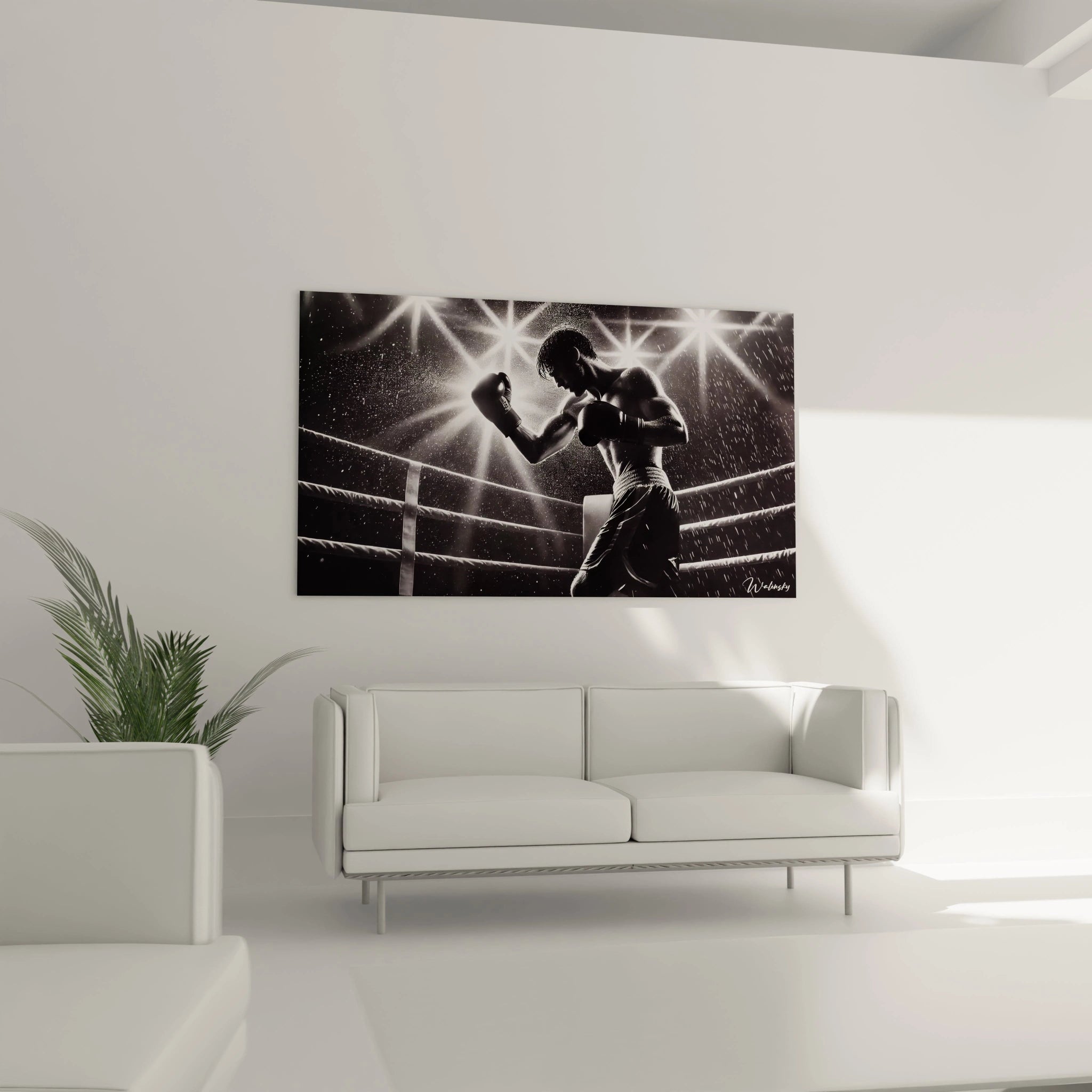 tableau noir et blanc dans un salon au-dessus d un canape representation realiste d un boxeur contraste intense lumiere et ombre profondeur et texture parfait pour un interieur moderne et audacieux

