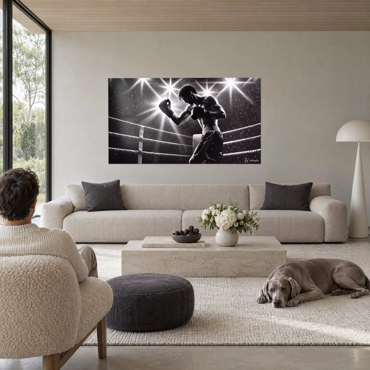 Tableau boxeur en garde, gants noirs levés sous des projecteurs étoilés, noir et blanc, au-dessus d'un canapé dans un salon lumineux