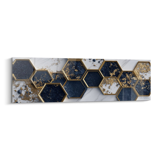 Hexagonen in goud en marineblauw op wit marmer - Kostbare geometrie - Abstract marmer editie