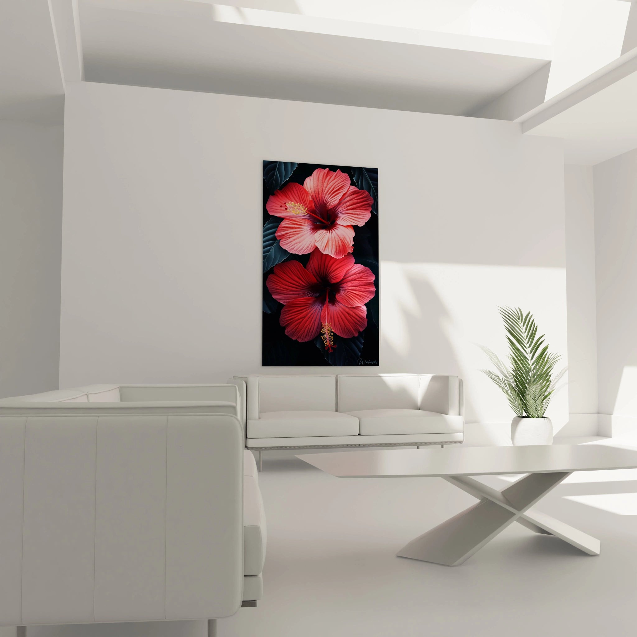Un tableau Hibiscus nature mettant en avant deux fleurs d’hibiscus aux pétales rouges et roses, avec un effet de profondeur, des détails fins et un fond composé de feuillages noirs et bleutés.

