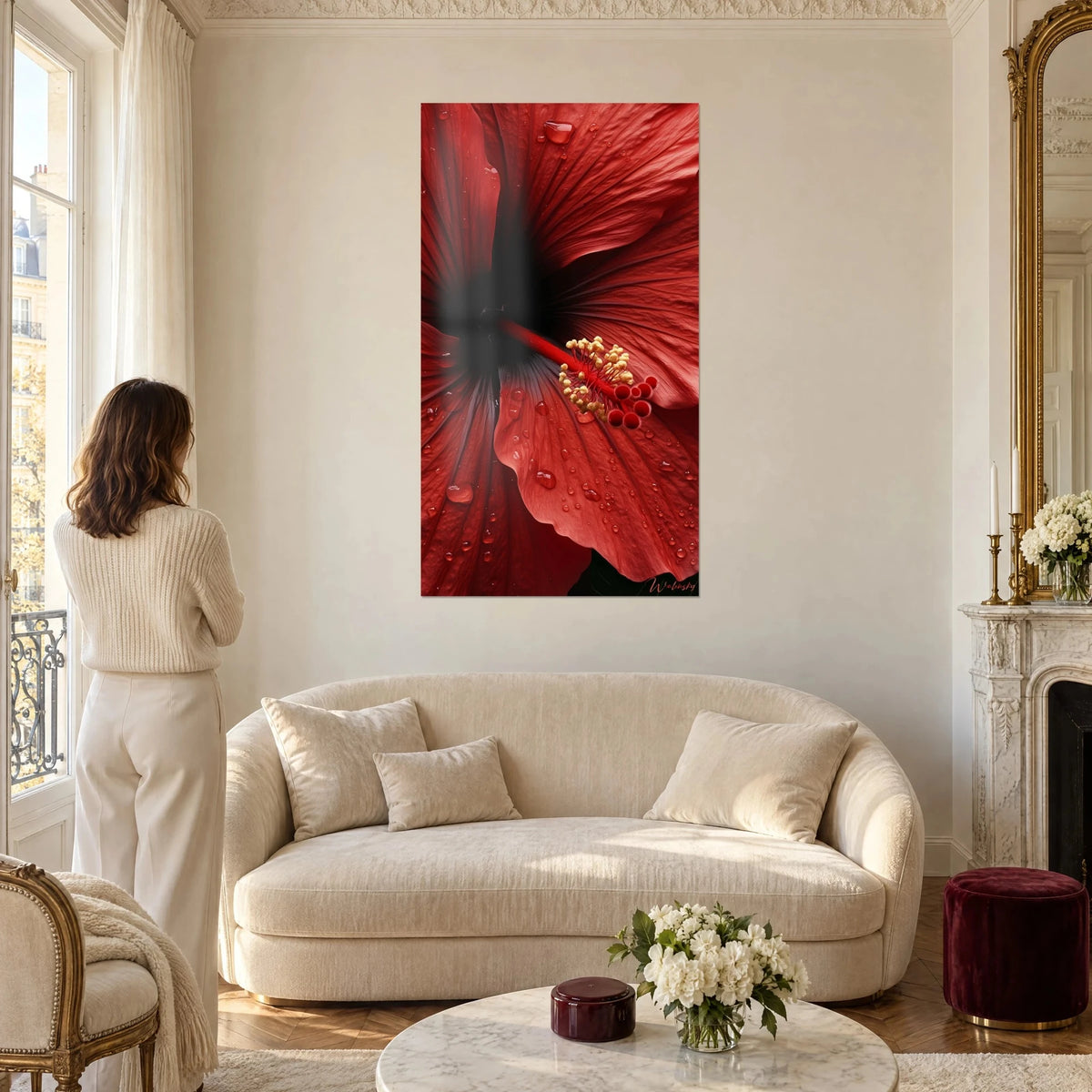 Quadro fiore di ibisco rosso carminio, stame dorato e gocce di rugiada, donna di spalle, sopra un divano in un soggiorno luminoso
