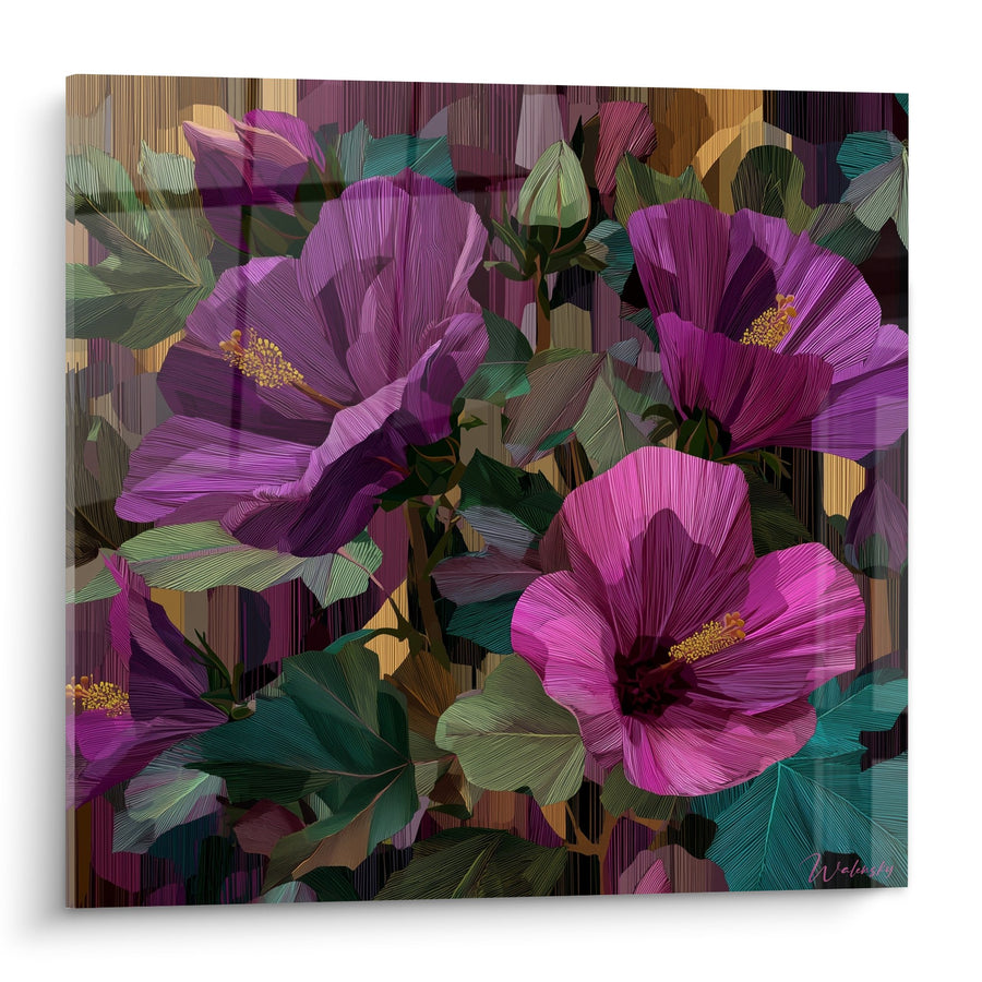Tableau Hibiscus Violets et Roses sur Fond Coloré - Floraison Tropicale - Edition Feng shui Sud-Est Bois