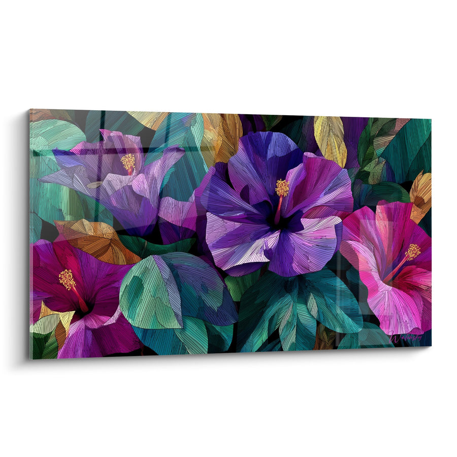 Tableau Hibiscus Violets et Feuillages Tropicaux - Symphonie Florale - Edition Feng shui Sud-Est Bois