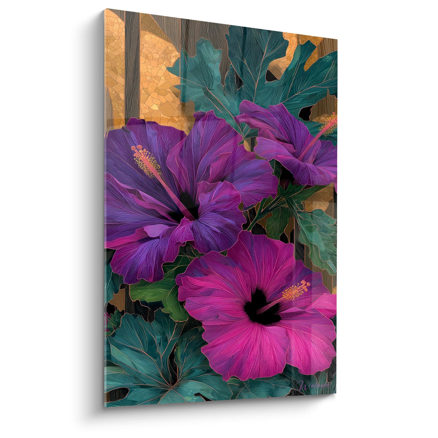 Tableau Fleurs d'Hibiscus Violettes et Feuillage Tropical Turquoise - Harmonie Florale - Edition Feng shui Sud-Est Bois
