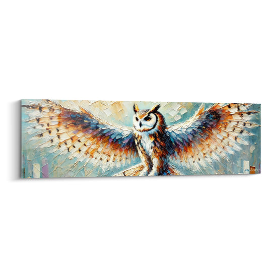 Tableau Hibou ailes déployées bleu et ocre - Envol saisi - Edition Hibou