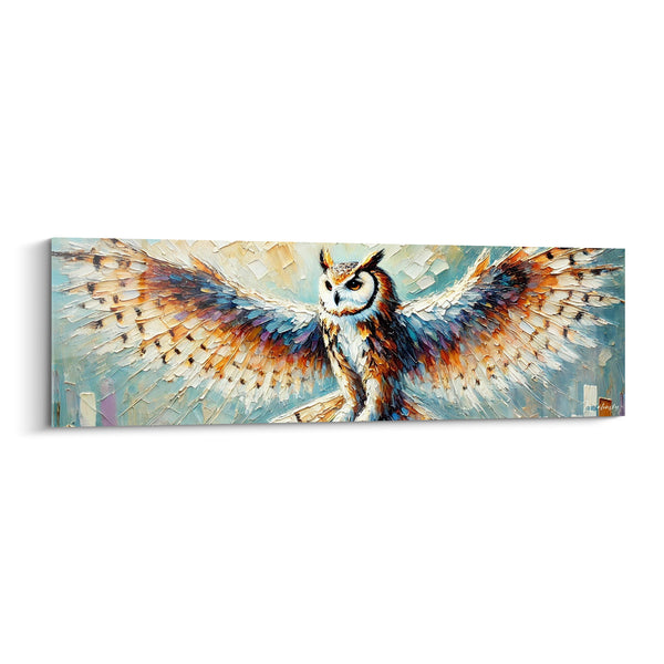 Tableau Hibou ailes déployées bleu et ocre - Envol saisi - Edition Hibou