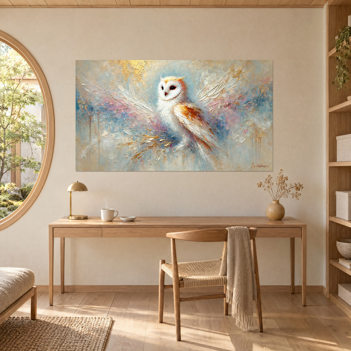 Tableau effraie des clochers peinte au couteau, ocre doré, bleu glacier et rose tendre, accroché au-dessus d'un bureau en bois clair
