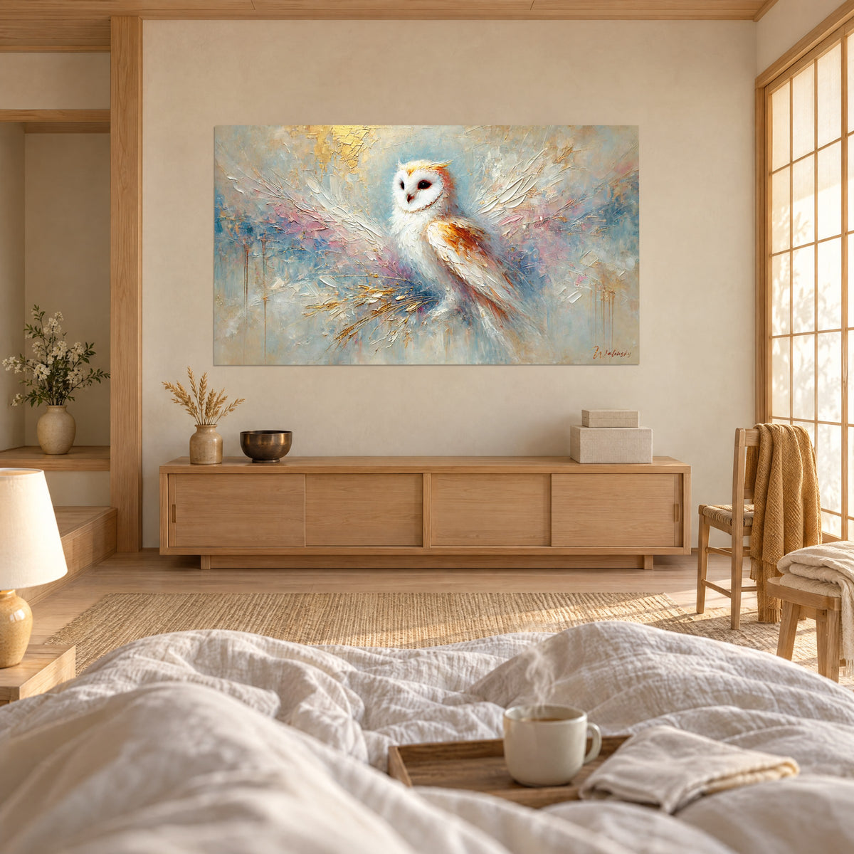Tableau oiseau de nuit au masque blanc, épaule orangée, empâtements rose poudré et bleu ciel, au-dessus d'un lit dans une chambre claire