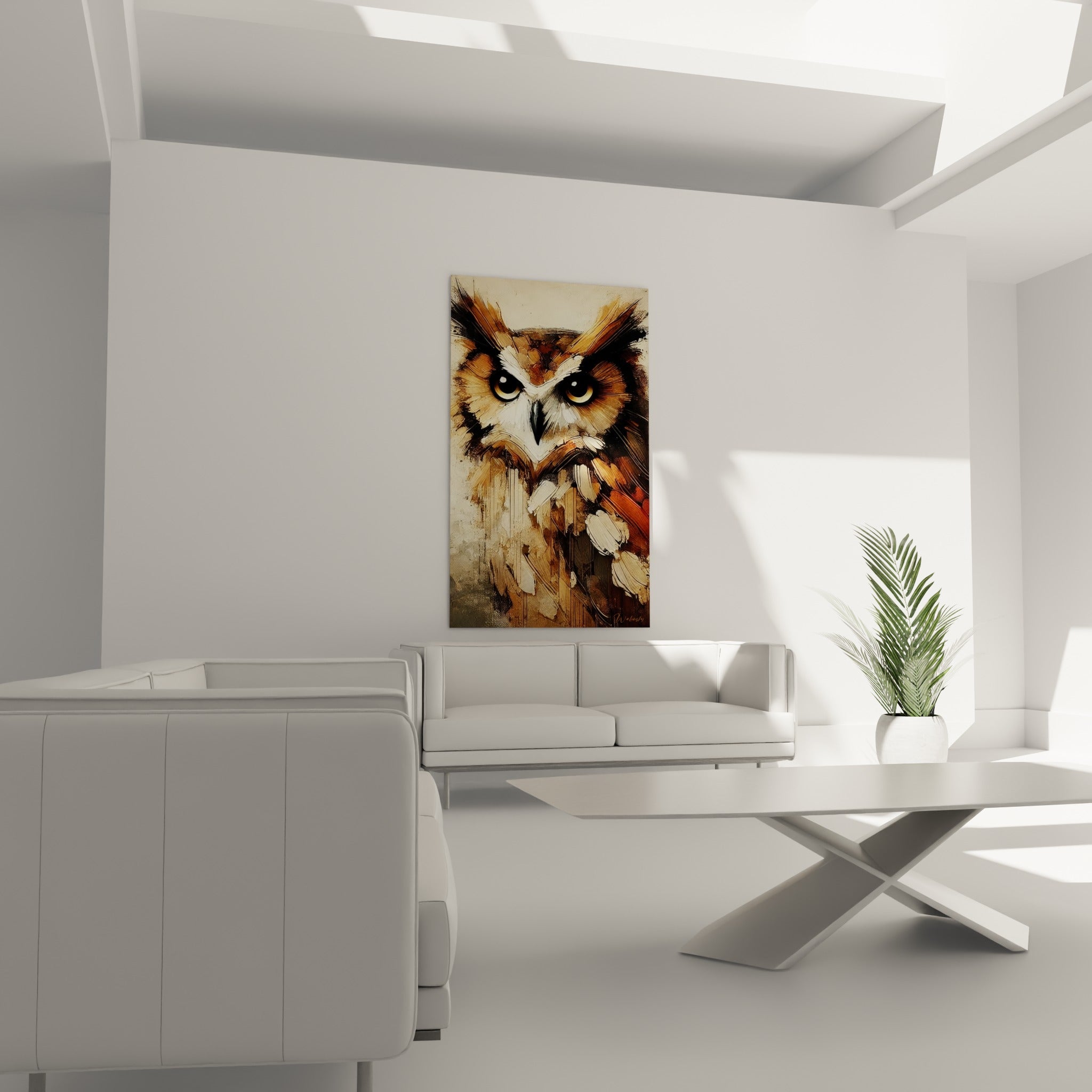 Portrait de hibou brun et beige, regard doré fixe, au-dessus d'un canapé dans un salon lumineux