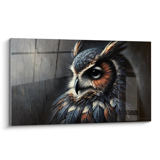 Tableau Grand-duc gris et roux au fond craquelé - Œil unique fixé - Edition Hibou