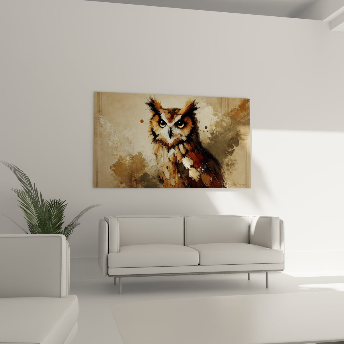 Portrait animalier du hibou fauve et anthracite, accroché au-dessus d'un canapé dans un salon lumineux.