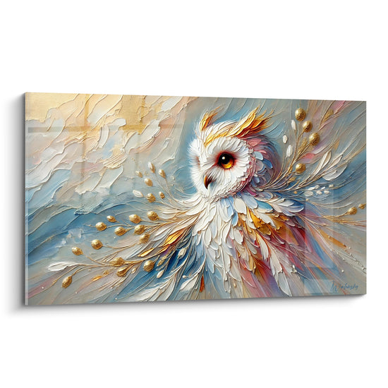 Tableau Hibou blanc aux plumes dorées éclatées - Envol lumineux - Edition Hibou