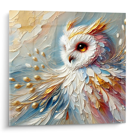 Hibou blanc aux yeux dorés et plumage texturé bleu pastel et ocre en plein cadre