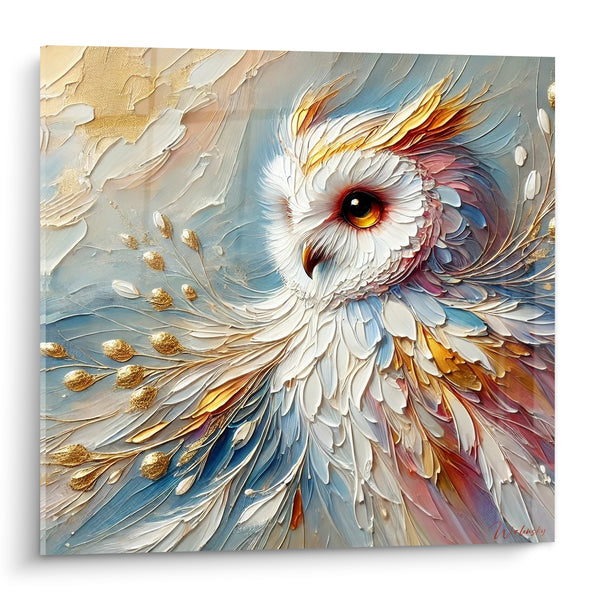 Tableau Hibou blanc aux plumes dorées texturées - Éveil doré - Edition Hibou