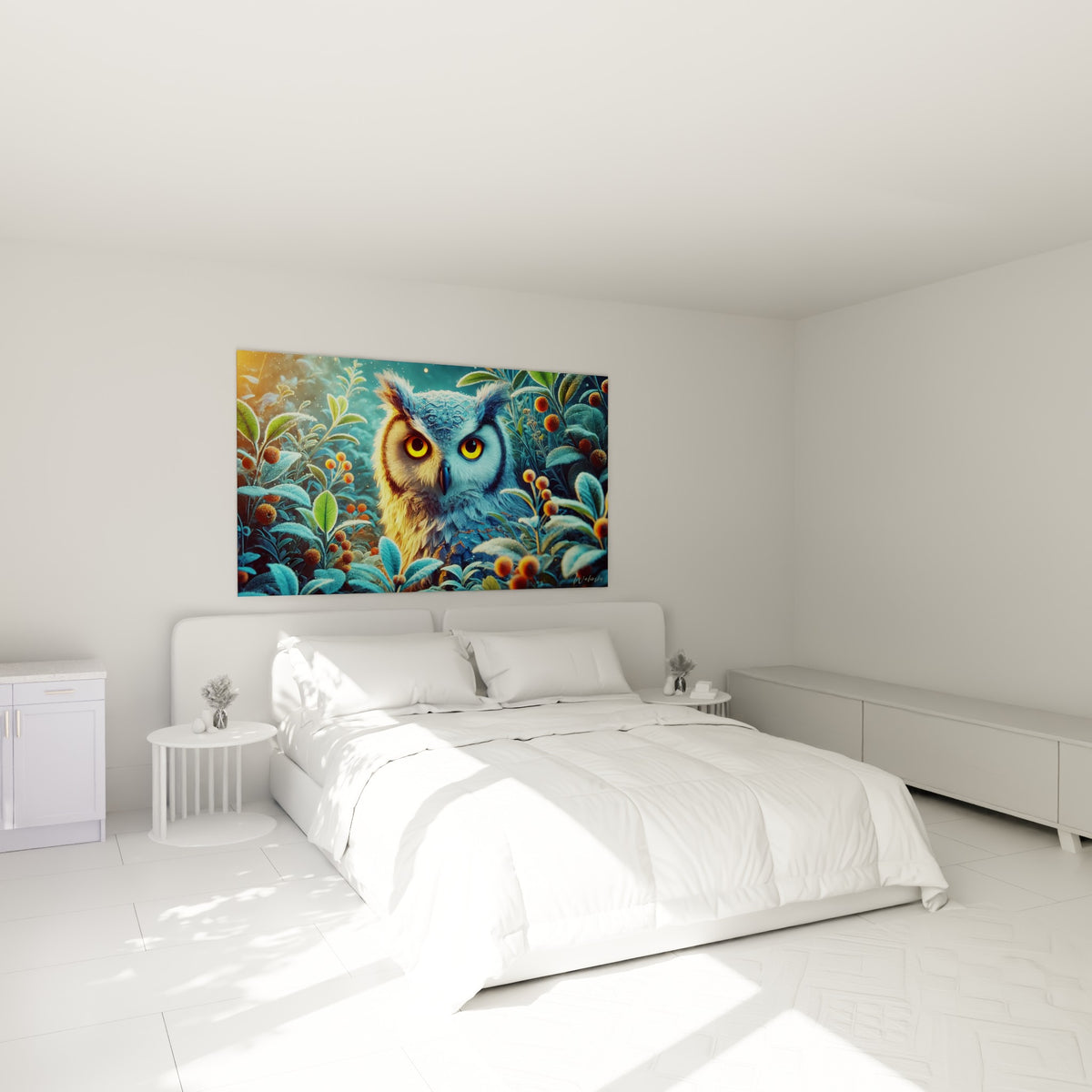 Regard doré intense du hibou bleu et vert sauge, accroché au-dessus d'un lit dans une chambre claire