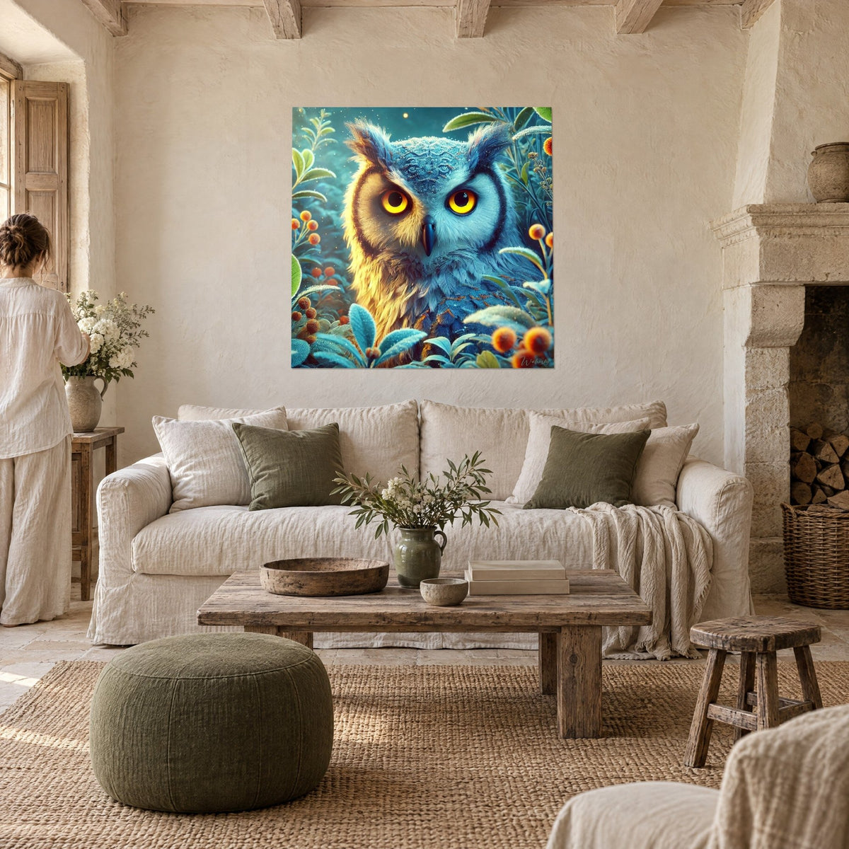 Gemälde Greifvogel mit leuchtend gelben Iris, eisblauem Gefieder und orangefarbenen Beeren, über einem Sofa in einem hellen Wohnzimmer aufgehängt