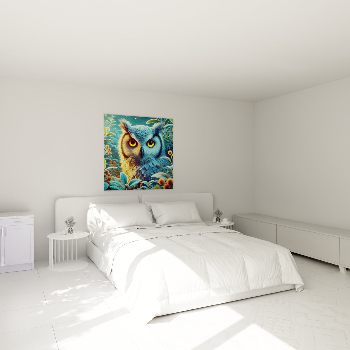 Rapace nocturne bleu et doré aux yeux jaunes intenses, accroché au-dessus d'un lit dans une chambre claire