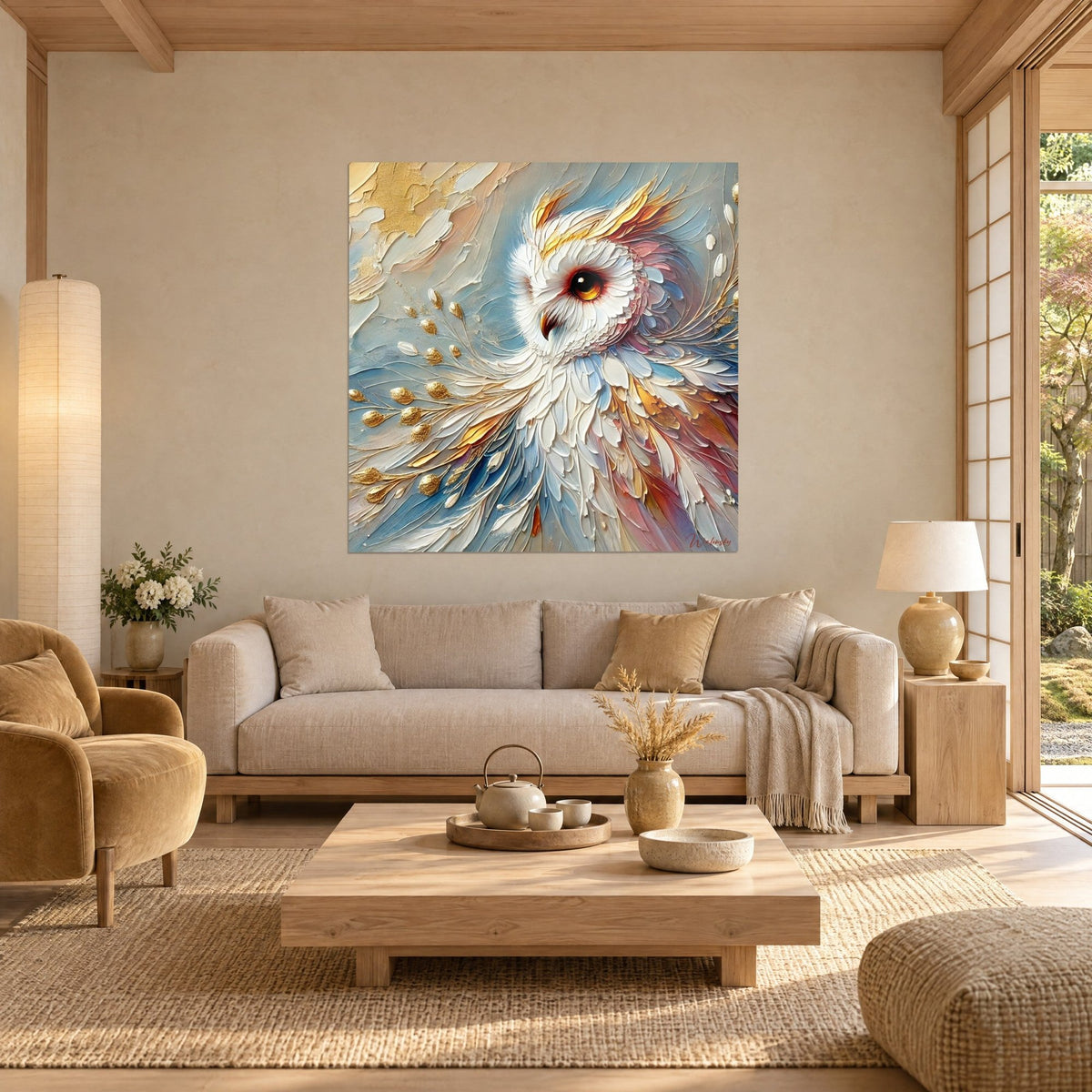 Gemälde Eule weiß mit dick aufgetragenen Federn, bernsteinfarbenes Auge mit rotem Rand, blauer und goldener Hintergrund, über einem Sofa in einem hellen Wohnzimmer
