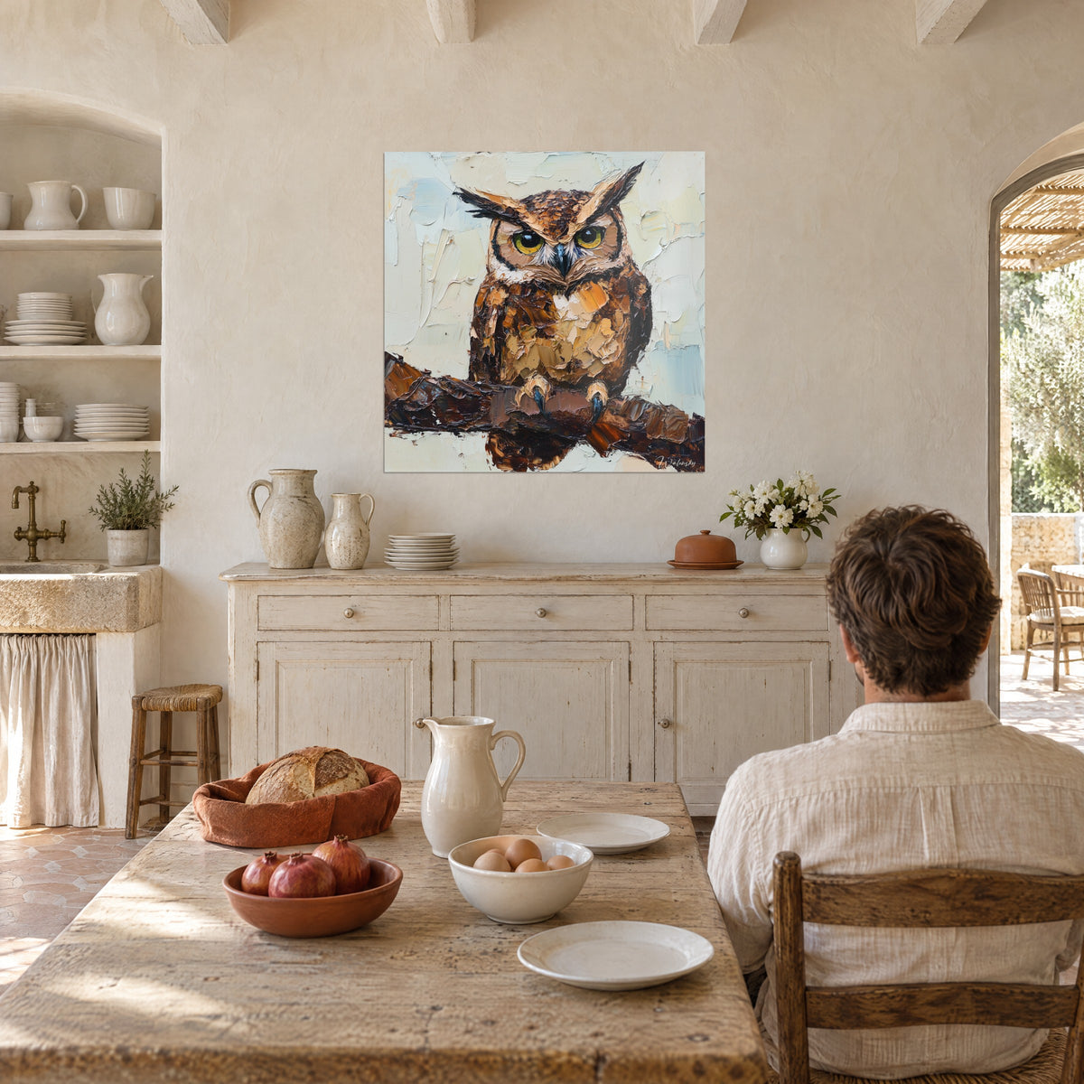 Schilderij nachtvogel met blauwachtige klauwen die zich vastklampen aan een donkere tak, honing- en bruintinten, tegenover een man die aan tafel zit in de eetkamer
