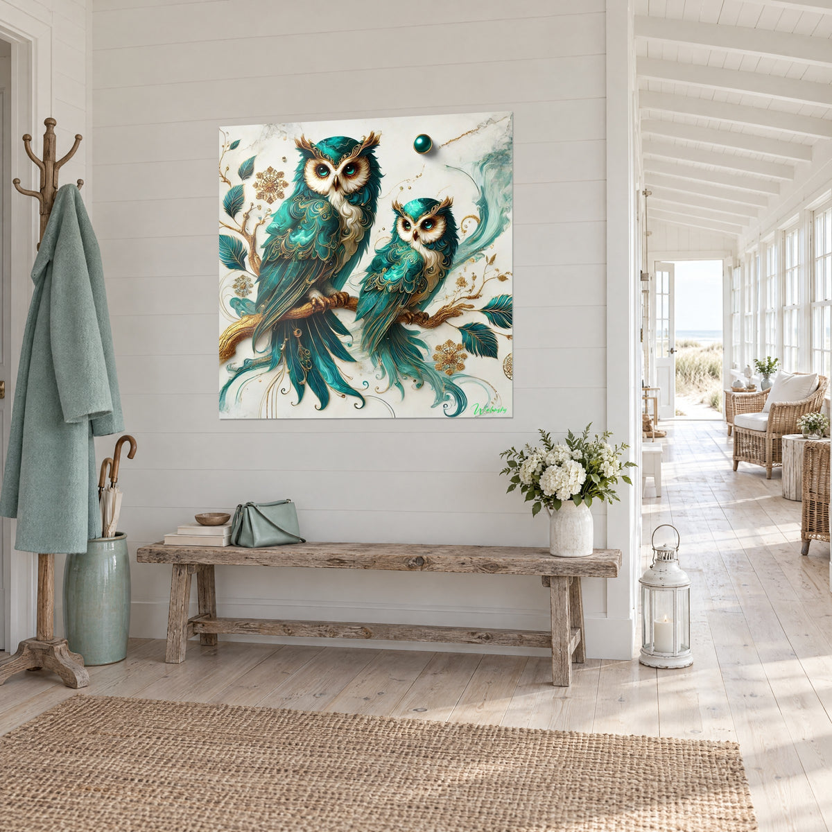 Tableau chouettes turquoise aux yeux ambrés sur fond de marbre ivoire, feuilles dorées, hall d'entrée en bois blanchi côté mer