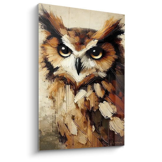 Tableau Hibou brun et ocre au regard perçant - Regard qui traverse la nuit - Edition Hibou