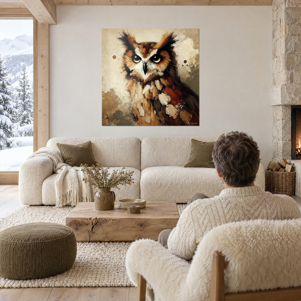 Wall art great horned owl with black ear tufts and amber eyes, brown and cream plumage, above a sofa in a bright living room
