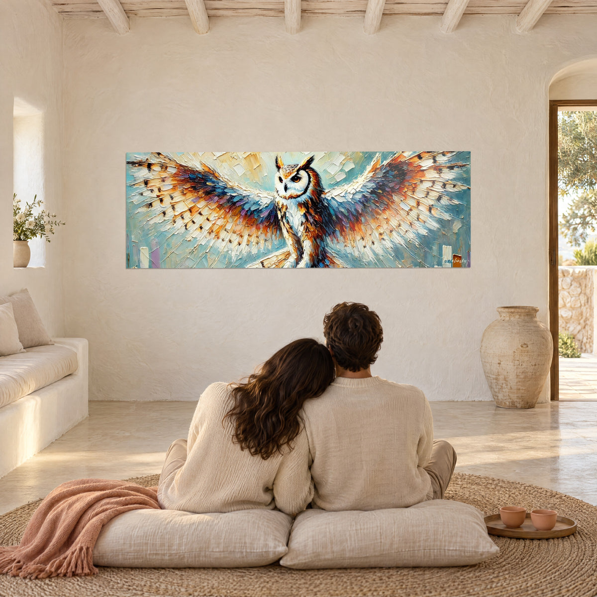 Tableau oiseau de proie nocturne, envergure bleu violine et ocre, face à un couple de dos assis sur des coussins crème au salon