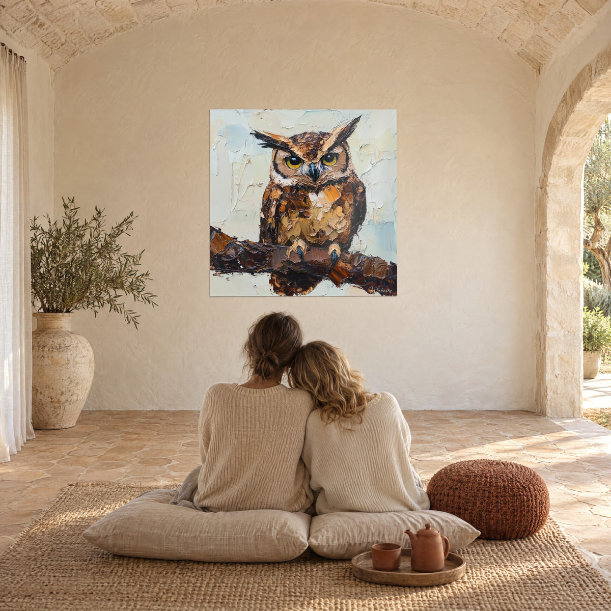 Schilderij uilachtige met felgele iris, roodbruin en zwart verenkleed, omhelsd koppel van achteren op kussens in een grote stenen kamer