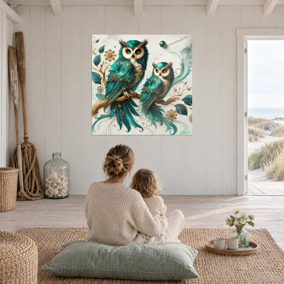 Tableau famille de chouettes émeraude, ailes ornées d'or, branche ocre, tourbillon pâle, mur blanc et baie vitrée donnant sur l'océan