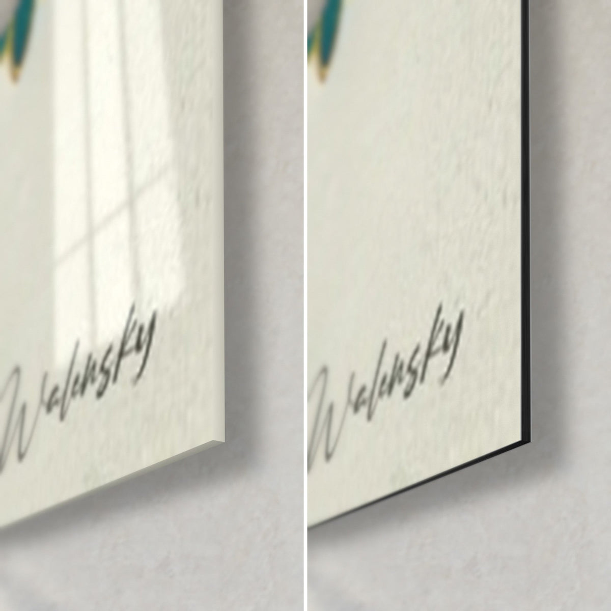 Wall art turquoise night bird, bottom-right corner in glossy reflective glass and matte black Dibond, 3 mm edge visible