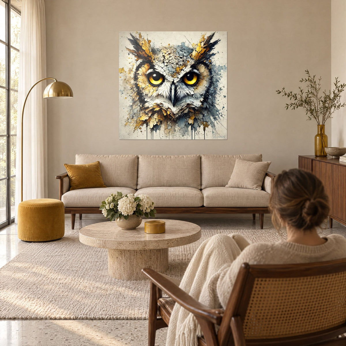 Quadro di rapace dorato con occhi gialli penetranti e piume ocra su fondo color crema, donna di spalle, sopra un divano in un soggiorno luminoso