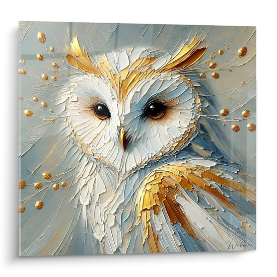 Hibou blanc et doré au regard perçant, plumage texturé en empâtements sur fond gris bleuté