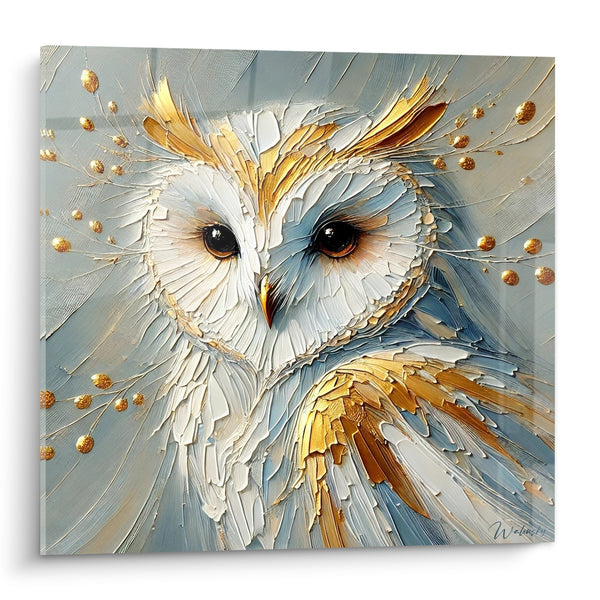 Tableau Hibou blanc et doré aux éclats scintillants - Veilleur doré - Edition Hibou