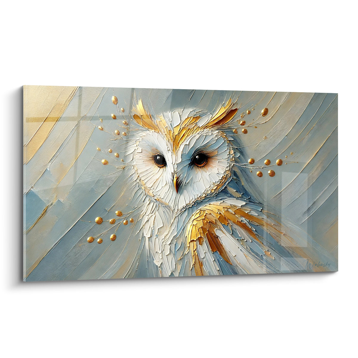 Hibou blanc au visage en cœur, plumes dorées et bleu pastel, empâtements texturés en plein cadre