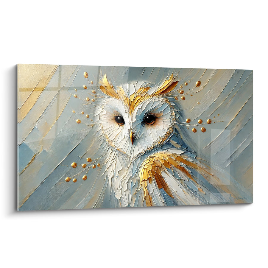 Tableau Effraie blanche et dorée aux gouttes scintillantes - Visage en cœur - Edition Hibou