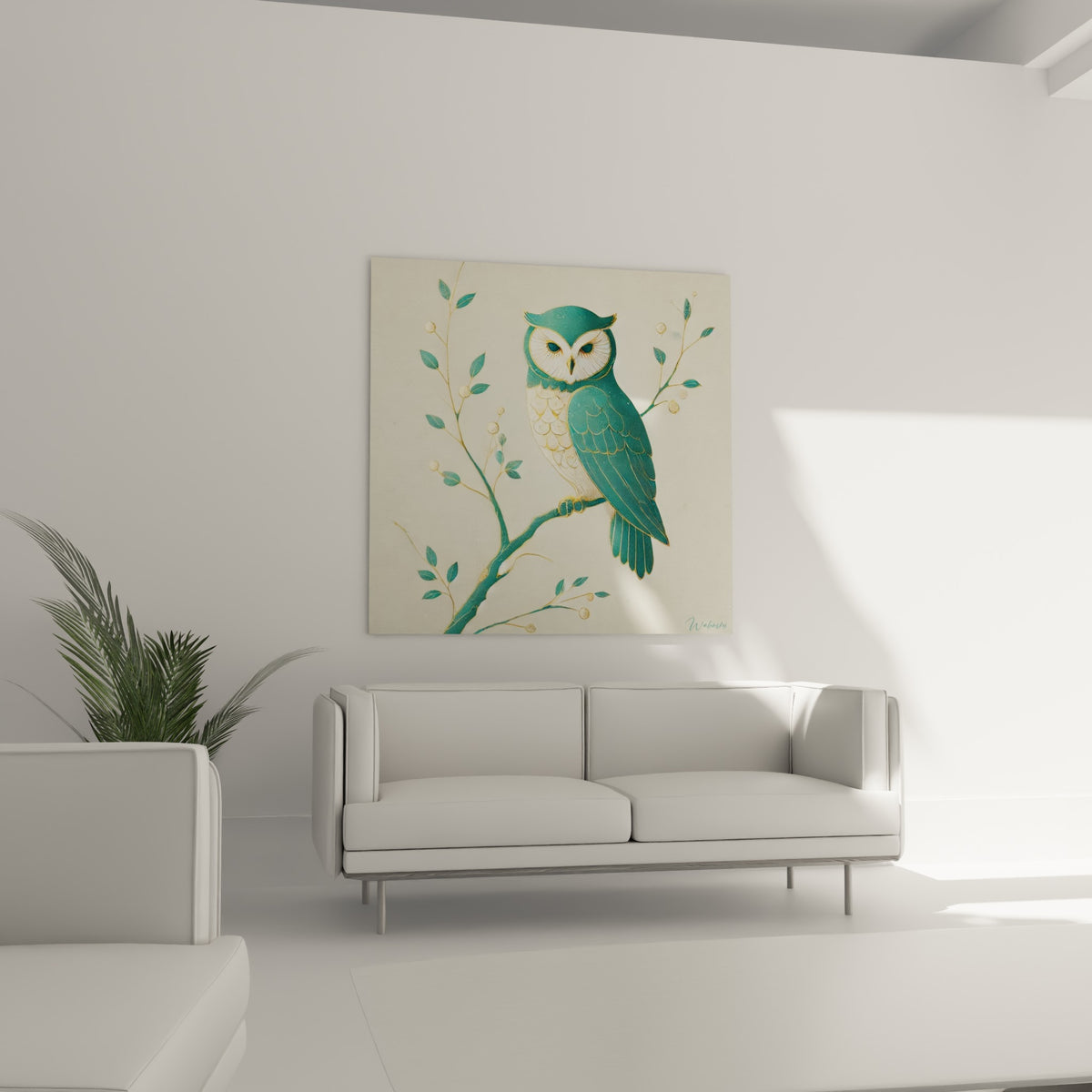 Oiseau nocturne stylisé aux tons turquoise et or, posé au-dessus d'un canapé dans un salon lumineux.