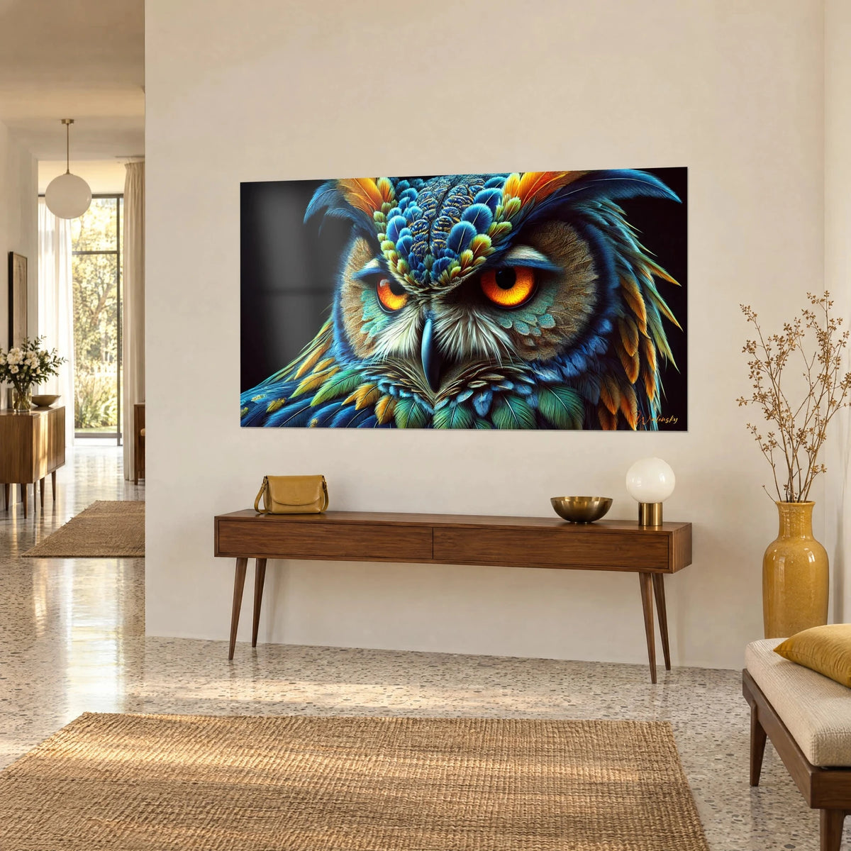 Tableau rapace nocturne au bec noir et aux plumes bleues et vertes, vu de trois-quarts sur un mur crème, console en bois