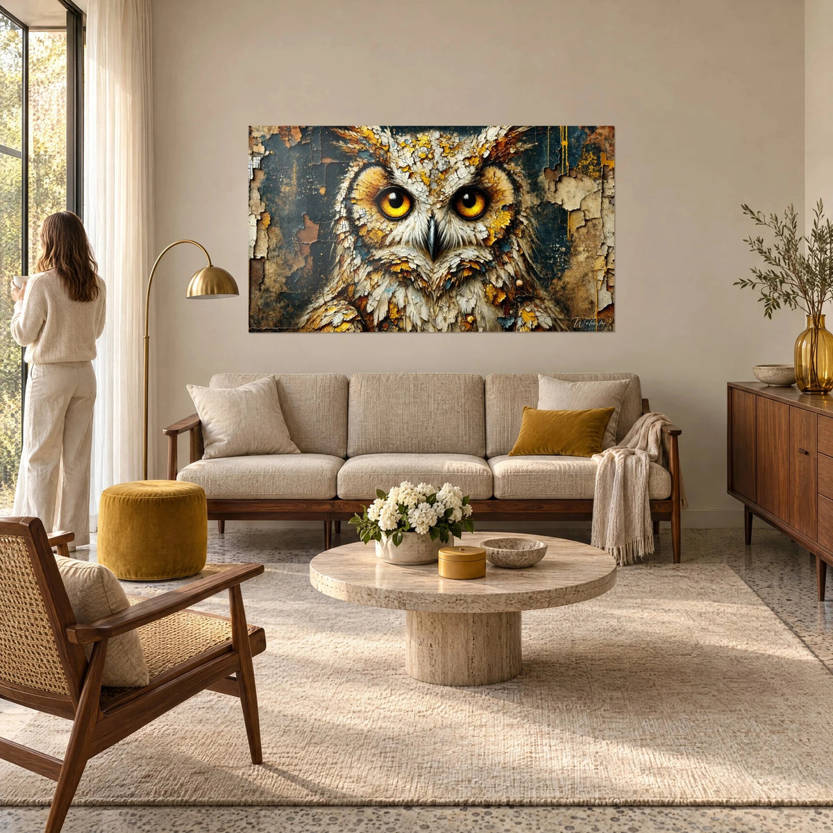 Wall art owl with amber eyes on a midnight blue background and flaking ochre paint, hung above a sofa in a bright living room