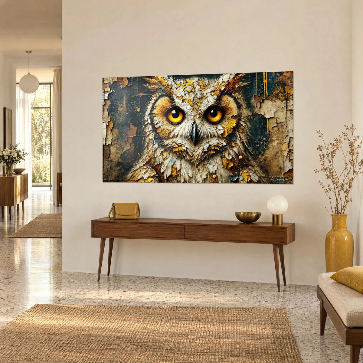 Wall art nocturnal bird of prey with cracked cream plumage and golden irises, beige wall, three-quarter view of a wooden console