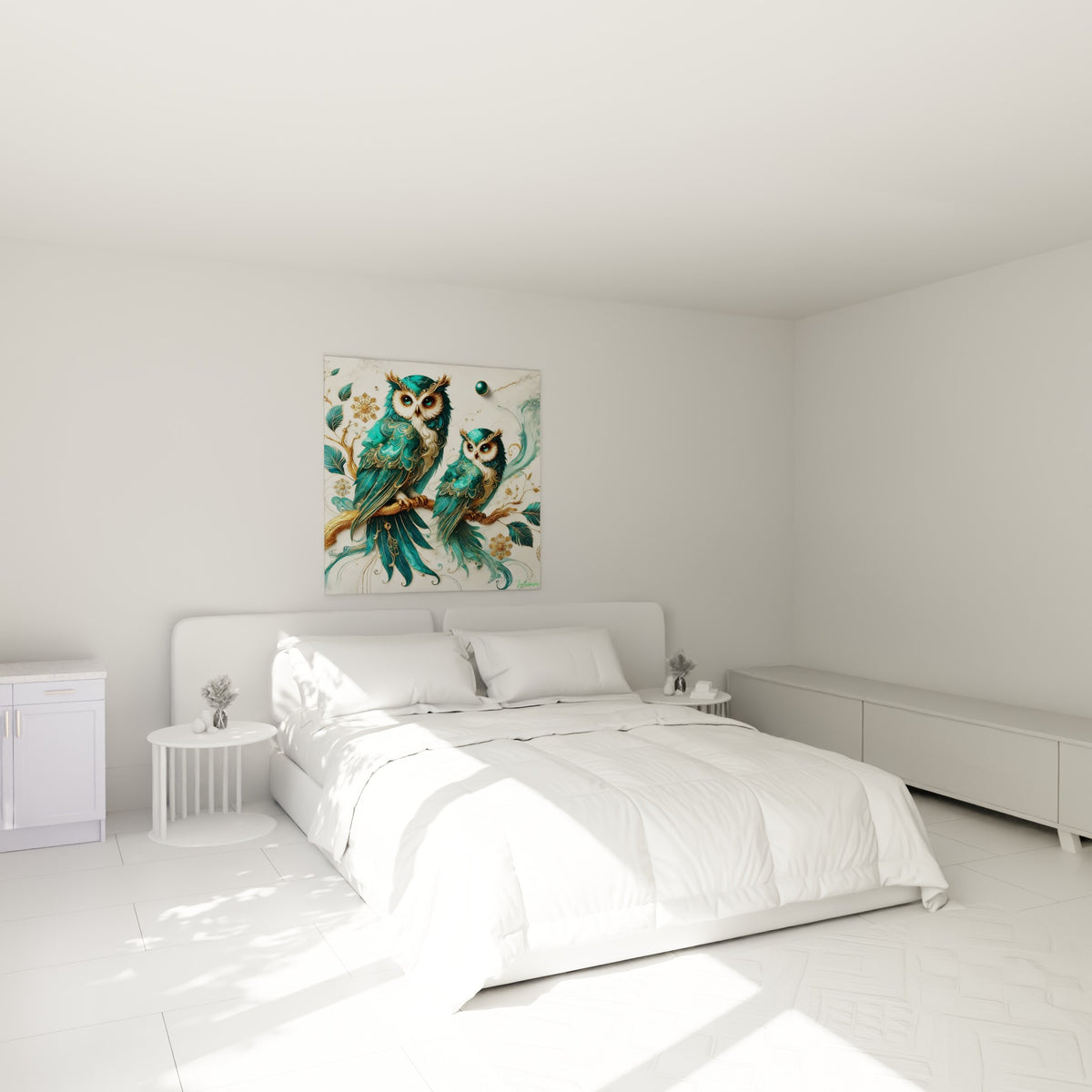 Duo de hiboux turquoise et or aux motifs raffinés, accroché au-dessus d'un lit dans une chambre claire