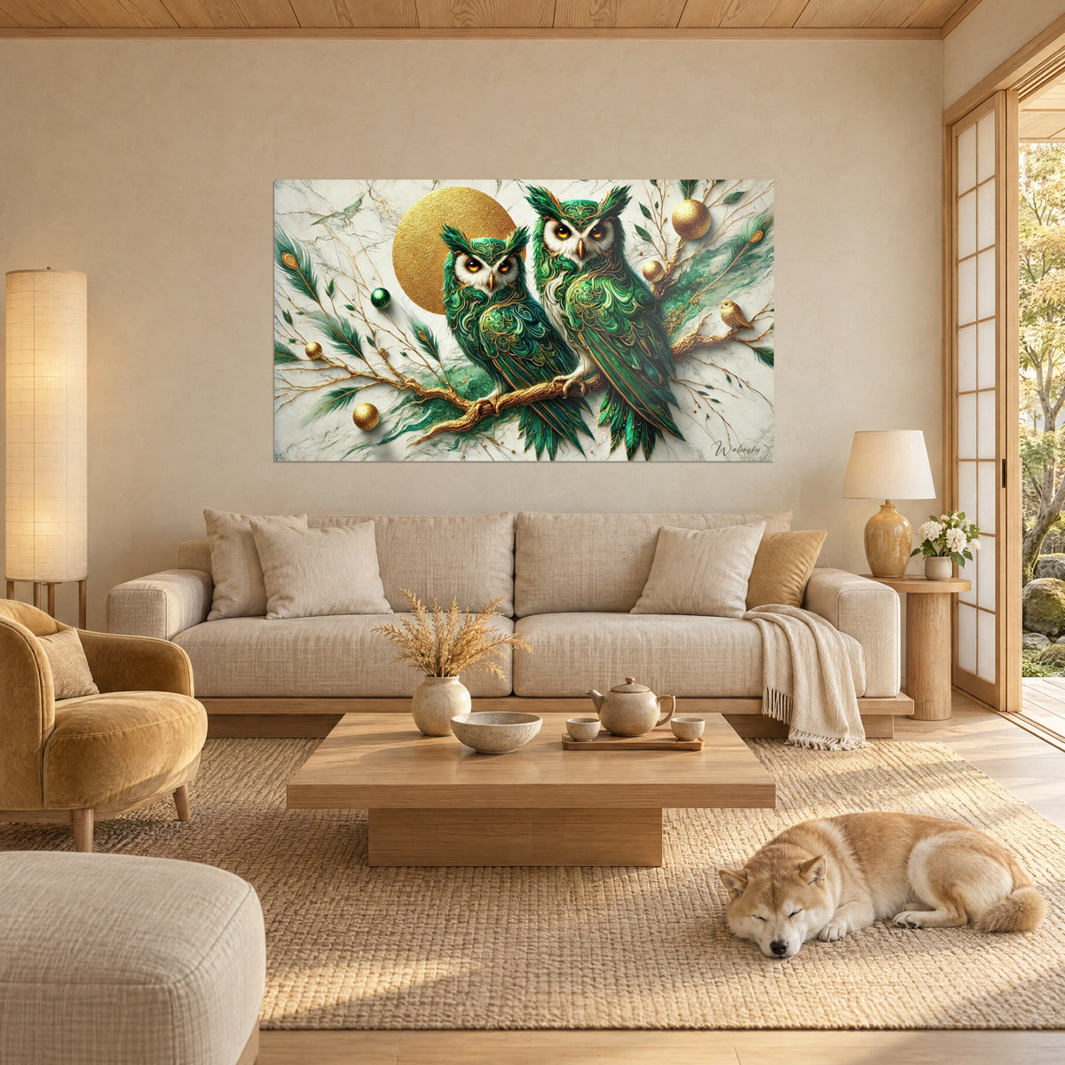 Tableau duo de hiboux émeraude aux yeux ambrés, perchés sur une branche dorée, disque d'or ; shiba couché, canapé lumineux