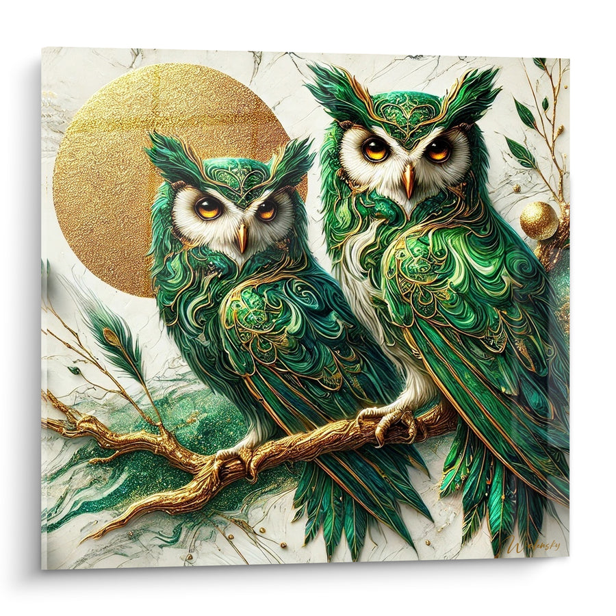 Tableau Duo de hiboux émeraude et lune dorée - Sagesse nocturne - Edition Hibou